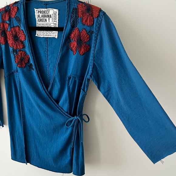 Anthropologie Project Alabama Green T Cotton Blue Floral Handmade Wrap Top - Picture 10 of 16